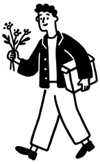 Man with flowers and gift box illustration