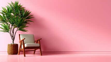 A serene minimalist interior featuring a stylish chair beside a flourishing plant against a soft pink wall, creating a calm ambiance that promotes relaxation and simplicity.