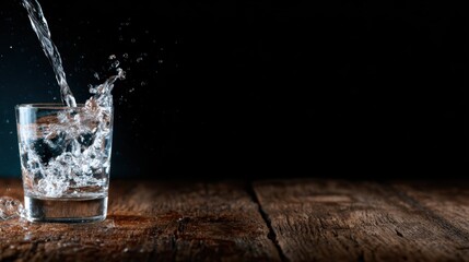 A dynamic and refreshing visual of water being poured into a clear glass, showcasing the beauty of motion and the pure essence of hydration on a rustic wooden surface.