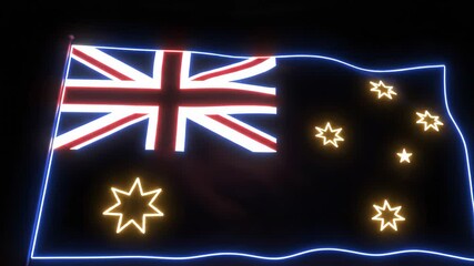 Animated waving australian flag with glowing neon effect on a black background loop - Powered by Adobe