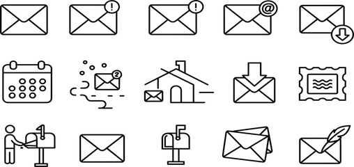 Set of Fifteen Email and Mail Line Icons, Outline Communication Messaging Delivery Contact Notification Symbols, Simple Minimalist Vector Collection