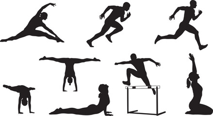 Silhouette collection of athletes performing various exercises and sports activities