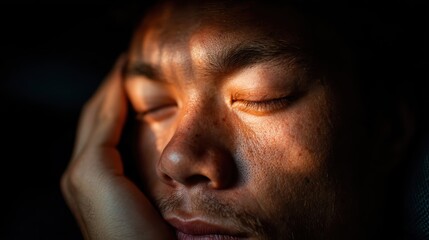A young man deep in thought rests his head in his hand as warm sunlight casts shadows across his face, revealing a moment of serenity and introspection.