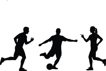 Silhouette of three people playing soccer and running on a white background