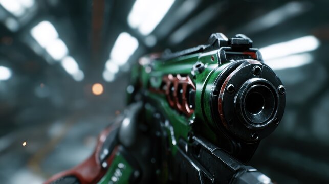 A close-up view of a futuristic gun, highlighting its intricate design amidst a sci-fi environment, evoking themes of adventure, technology, and innovation in digital media.
