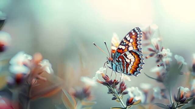 A closeup of a butterfly resting on a flower. The butterfly has a vibrant orange and white pattern on its wings. The flower is white with a reddishbrown stem. The background is blurred.