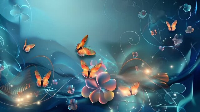 A digital artwork featuring a serene blue background with swirling patterns and butterflies. The main subject is a large, vibrant flower with a butterfly perched on its petals.