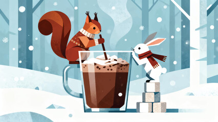 Illustration Of A Squirrel And A Rabbit Enjoying Hot Chocolate In A Large Glass Vector Design Template © BedRoses