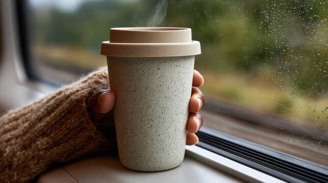 Journey Travel Coffee Relaxed Hand Holding Eco-Friendly Cup by Rainy Train
