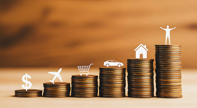 Growing Stacks of Coins Representing Life Goals like Home, Car, and Travel: Financial Planning, Savings, and Investment Success Concept