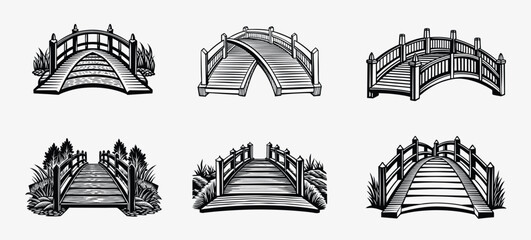 Collection of six different artistic black and white bridge illustrations