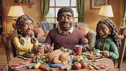 Animated family scene featuring three characters enjoying a meal together at a wooden table, showcasing laughter and connection, camera pans and zooms in on joyful interactions