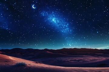 Desert sand dunes under starry night sky with milky way
