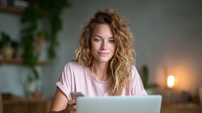 A young woman with curly hair interacts with her laptop in a cozy home environment, embodying the modern lifestyle of remote work and digital connectivity.