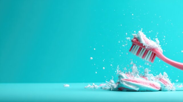 A dynamic shot of a toothbrush applying colorful toothpaste, creating a playful splatter effect against a bright teal backdrop, symbolizing fun and cleanliness in personal care.