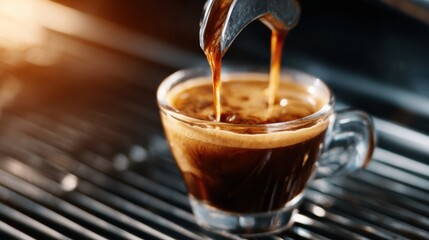 A close-up shot of espresso being brewed, highlighting the rich aroma and dark color of the coffee in an elegant glass cup, symbolizing warmth and comfort.