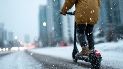 A person riding a scooter through a snowy urban landscape captures a blend of adventure and mobility amidst challenging winter weather in a metropolitan setting.