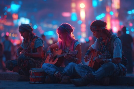 Vibrant musicians play guitars under colorful neon lights, creating lively atmosphere