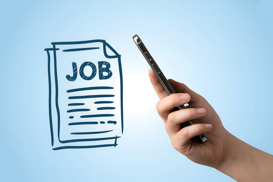 Hand holding smartphone next to a job application document drawing on a light blue background space - Powered by Adobe
