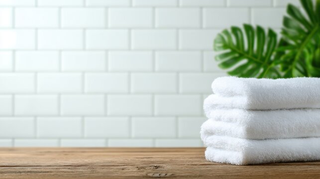 A serene image showcasing neatly stacked white towels on a wooden surface, complemented by lush green foliage, evoking a peaceful and relaxing spa atmosphere to unwind.
