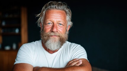 A distinguished older man with a white beard and striking blue eyes, confidently smiling, portraying wisdom and a relaxed demeanor in his cozy, inviting surroundings.