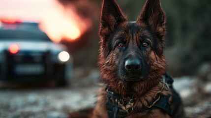 A strong and alert German Shepherd dog is portrayed in focus amidst a blurred police vehicle background, showcasing loyalty and courage in the context of law enforcement.