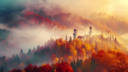 A vivid portrayal of a castle nestled amidst a dense forest amidst a misty backdrop. The castle, with its spires and turrets, stands out against the backdrop of the surrounding trees.