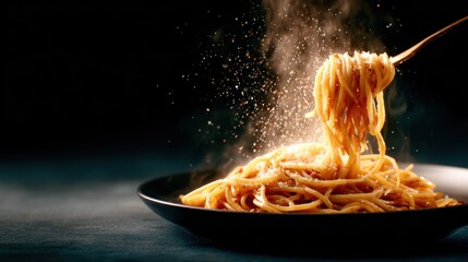 A close-up shot of a steaming plate of spaghetti, beautifully garnished with herbs, highlights the irresistible appeal of Italian cuisine in a tempting culinary scene.