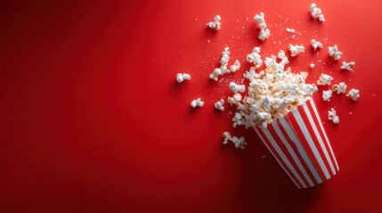 A striped popcorn container spills freshly popped popcorn onto a vibrant red background, evoking a fun and cinematic atmosphere ideal for movie-related content and events.
