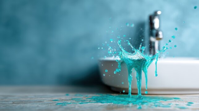 A captivating close-up shot capturing the dynamic splash of turquoise water against a wooden table, evoking freshness and vibrancy in everyday moments.