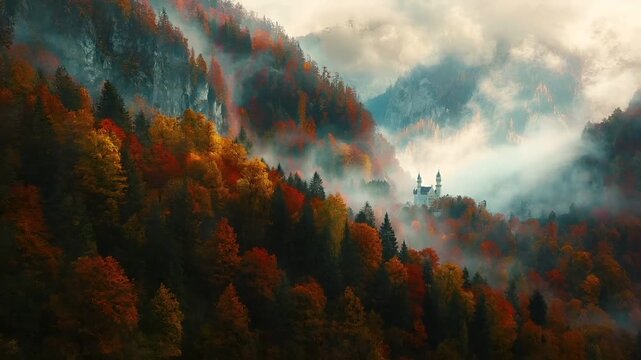 A vivid autumnal landscape featuring a castle amidst a forest of trees with fiery red, orange, and yellow hues. The castle, with its turrets and spires.