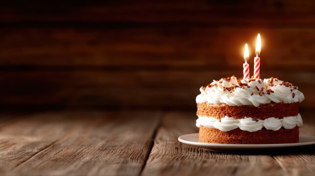 A beautifully crafted birthday cake topped with creamy icing and lit candles, symbolizing celebration and joy, perfect for special occasions and gatherings.