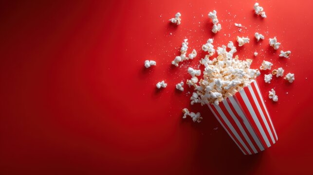 A striped popcorn container spills freshly popped popcorn onto a vibrant red background, evoking a fun and cinematic atmosphere ideal for movie-related content and events.