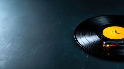 A classic vinyl record placed elegantly on a dark surface, highlighting the tonearm and evoking nostalgia related to music and its timeless listening experience.
