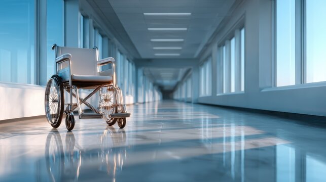 An empty wheelchair positioned in a bright, modern hospital corridor, symbolizing hope, rehabilitation, and the journey towards health and recovery in a clinical environment.