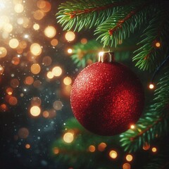 glitzernde Weihnachtskugel an einem Tannenzweig h&auml;ngend