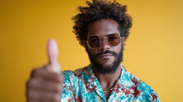 A confident man wearing a floral shirt and sunglasses gives a thumbs-up against a bright yellow background, conveying positivity and good vibes.