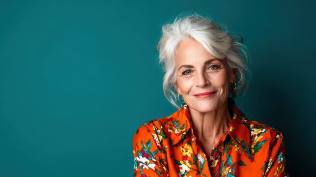 This portrait captures an elegant older woman with striking features and silver hair, dressed in a vibrant floral top, radiating confidence and joy.