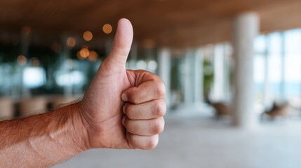 An uplifting close-up of a hand giving a thumbs-up gesture, set against a sunny, bright background that conveys positivity and approval. Ideal for motivational themes.