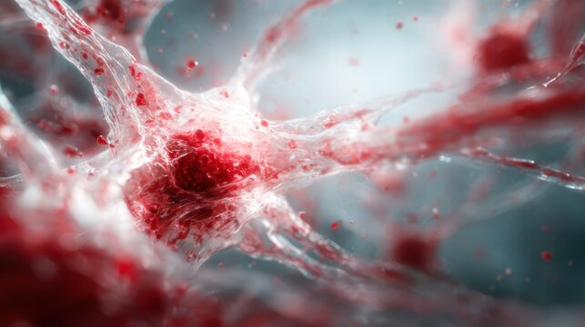 A close-up visualization of red neural network cells, showcasing their intricate structure and dynamic motion against a soft background. Ideal for science and biology themes.