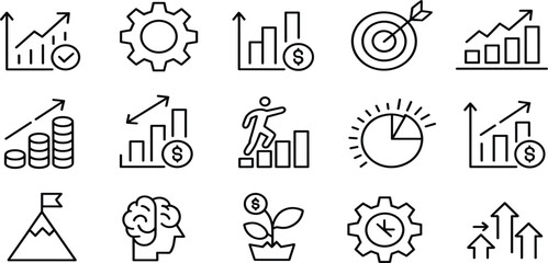 Set of Fifteen Business Growth Line Icons, Finance Strategy Analytics Success Symbols, Minimalist Goal Setting Achievement Vector Graphic Clipart