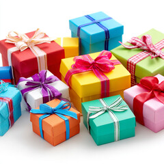 Obraz premium A stack of various-sized gift boxes in bright colors with decorative ribbons and bows, set against a simple white background.