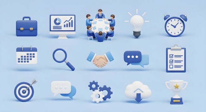 Flat lay of various business and communication icons in blue hues against a light blue background.