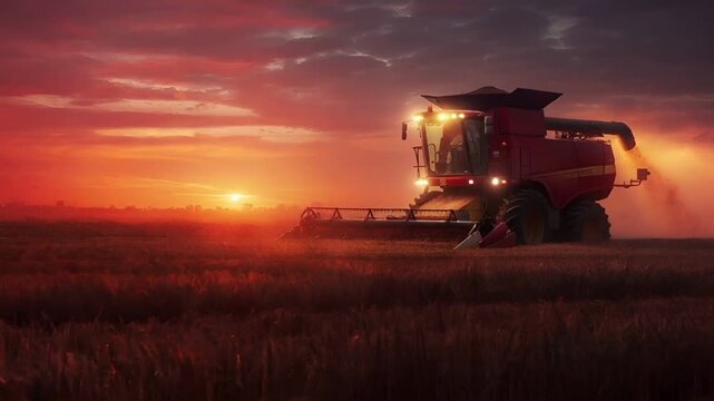 A vivid, highresolution digital artwork of a combine harvester in action during sunset. The scene is set against a dramatic sky with a fiery orange and red hue.