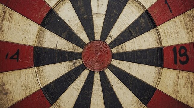 Vintage-style dartboard with alternating black, red, and beige sections, showcasing distinct numbers and a rustic target center circle.