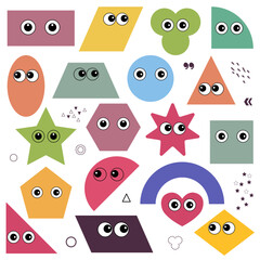 Bright vectors. Colorful shapes in various forms. Kids cartoon abstract signs with eyes. Circles, squares, figures, stars, triangles. Vector set of geometric forms. Modern graphic design elements. © Kateryna