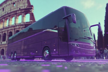 Futuristic bus parked near historic ruins, blending modernity with ancient architecture