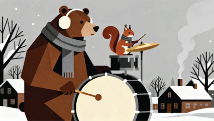 Fototapeta premium Illustration Of A Bear And A Squirrel Playing Bass Drum In A Snowy Countryside Setting Vector Design Template