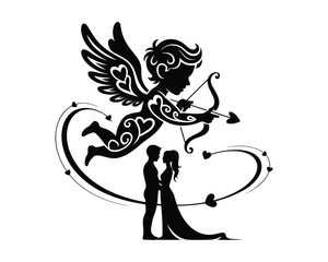 Fototapeta premium Silhouette of cupid shooting arrow at couple in love for valentine s day