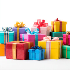 Obraz premium A stack of various-sized gift boxes in bright colors with decorative ribbons and bows, set against a simple white background.